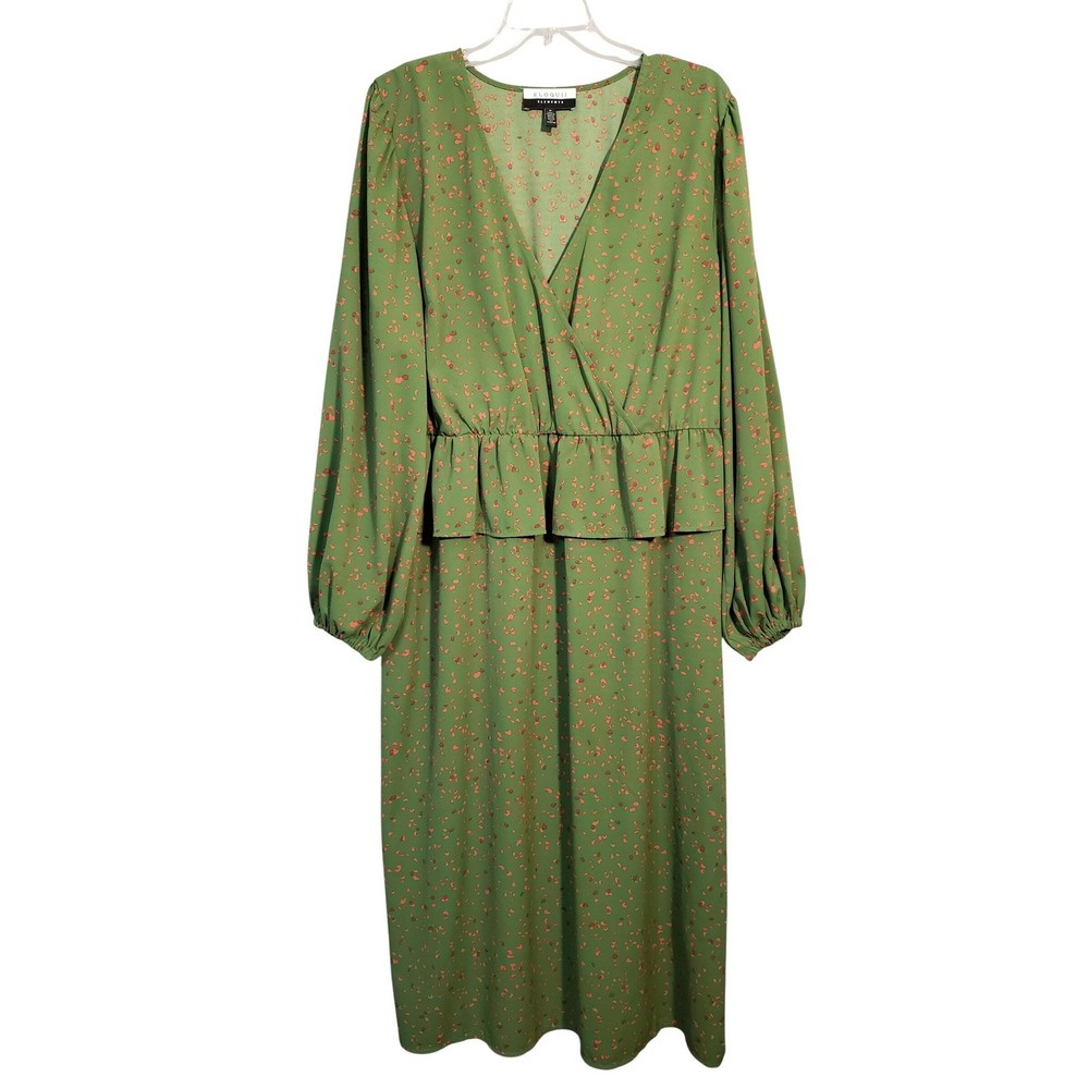 Eloquii Elements Dress Size 18 Green V Neck Long Sleeve Peplum Midi Dress